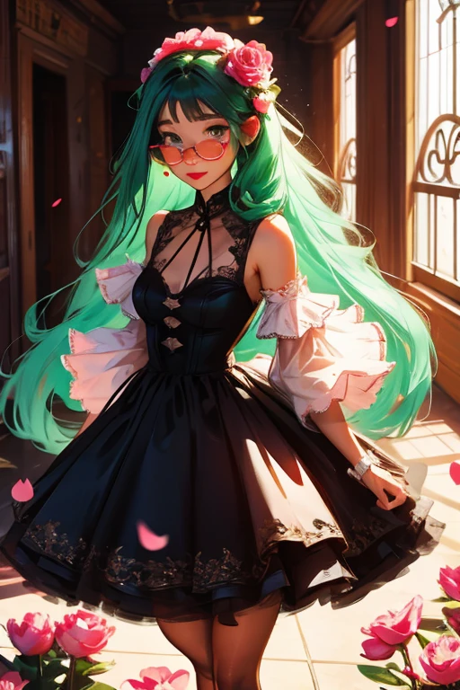 A green haired woman with violet eyes and glasses with an hourglass figure in a cute lolita dress is blushing in a flurry of peony petals