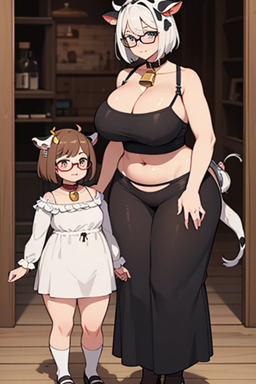 mother and daughter, cow girl, wide hips, cow ears, cow horns, bell, collar, huge breasts, cow pattern clothes, revealing clothes, standing, full body, short hair, curvy, glasses, blushing face