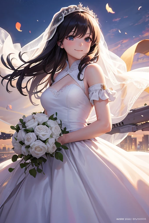 Pilot in a wedding dress,Wedding,destruction,Mobile weapon on hand,smile,realistic,{perfection},{perfectionな顔},{{Super detailed}},{{masterpiece}},{{high quality}}