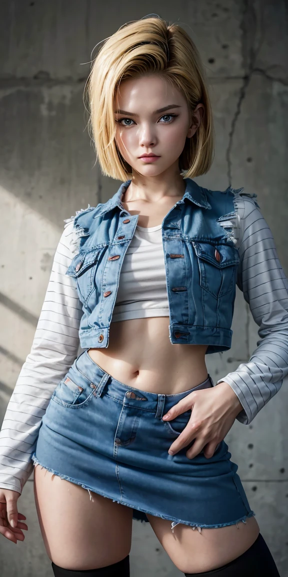 Highly detailed and ultra-realistic 8K rendering of Android 18 from Dragon Ball. Medium shot photo, short blue denim jacket: 1.3, long sleeves with white stripes: 1.3, black eyeshadow, blue eyes: 1.3, short blonde hair, (asymmetrical parting: 1.1), looking at the viewer, long earrings, jean skirt, black pantyhose, fighting stance, simple background, best quality, masterpiece, ultra-high resolution, realistic, RAW photo,Girl、young
