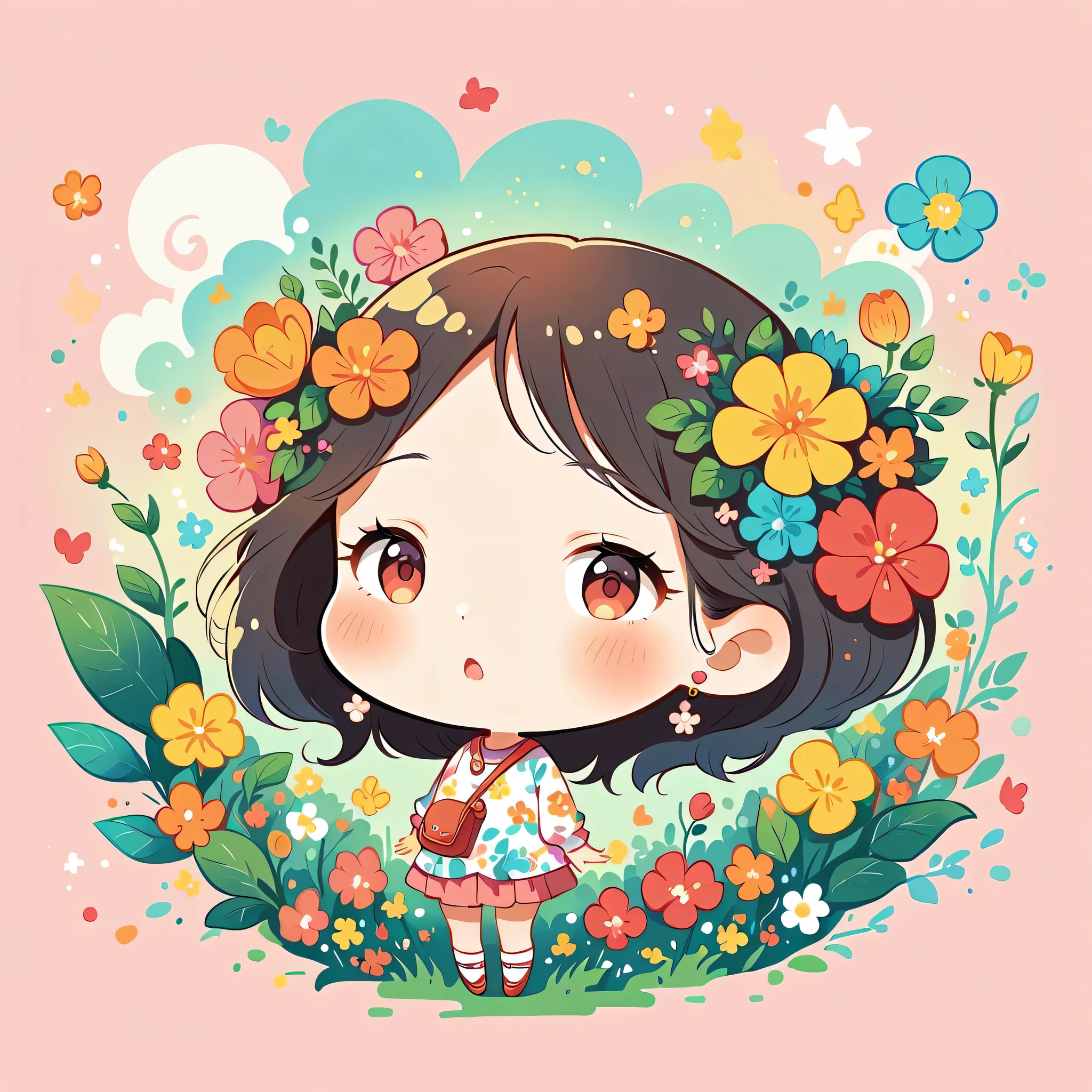 Hayao Miyazaki Style、The most beautiful girl of all time、Lips in Love、Colorful flowers、Simple line initials、Abstract art、Hawaii Background, (((chibi))), Totoro Forest