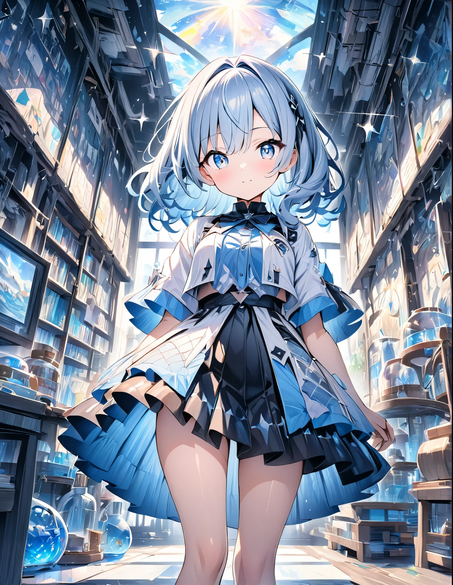 ((style:Colored pencil,pale colour))、(anime)、(masterpiece:1.2),atmospheric perspective,lens flare、Fantasy worldview、(Alchemist Girl)、A room in the laboratory、cute、(Otherworldly clothing)、Blue Eyes、Sparkle Effect