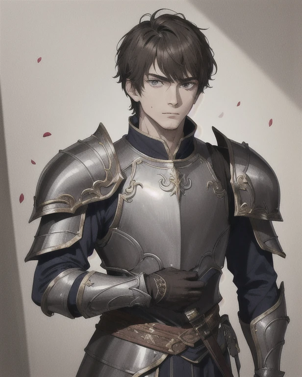 Half Body、Walking pose、Photographed from the front、Slow motion、Male Paladin in full armor、(Dark Gray Armor:1.2)、(Ornately decorated armor)、(Extremely detailed、Bloom:1.2)、(analog:1.2)、(high definition)、(Fine pupil:1.1)、Detailed face and eyes、(Short Hair、Burnt brown、Trance:1.1)、(Young Man:1.1)、Vivid、Real Shadows、(Wild background:1.2)、、Looking at the viewer with his arms crossed、Holding a sword in his hand