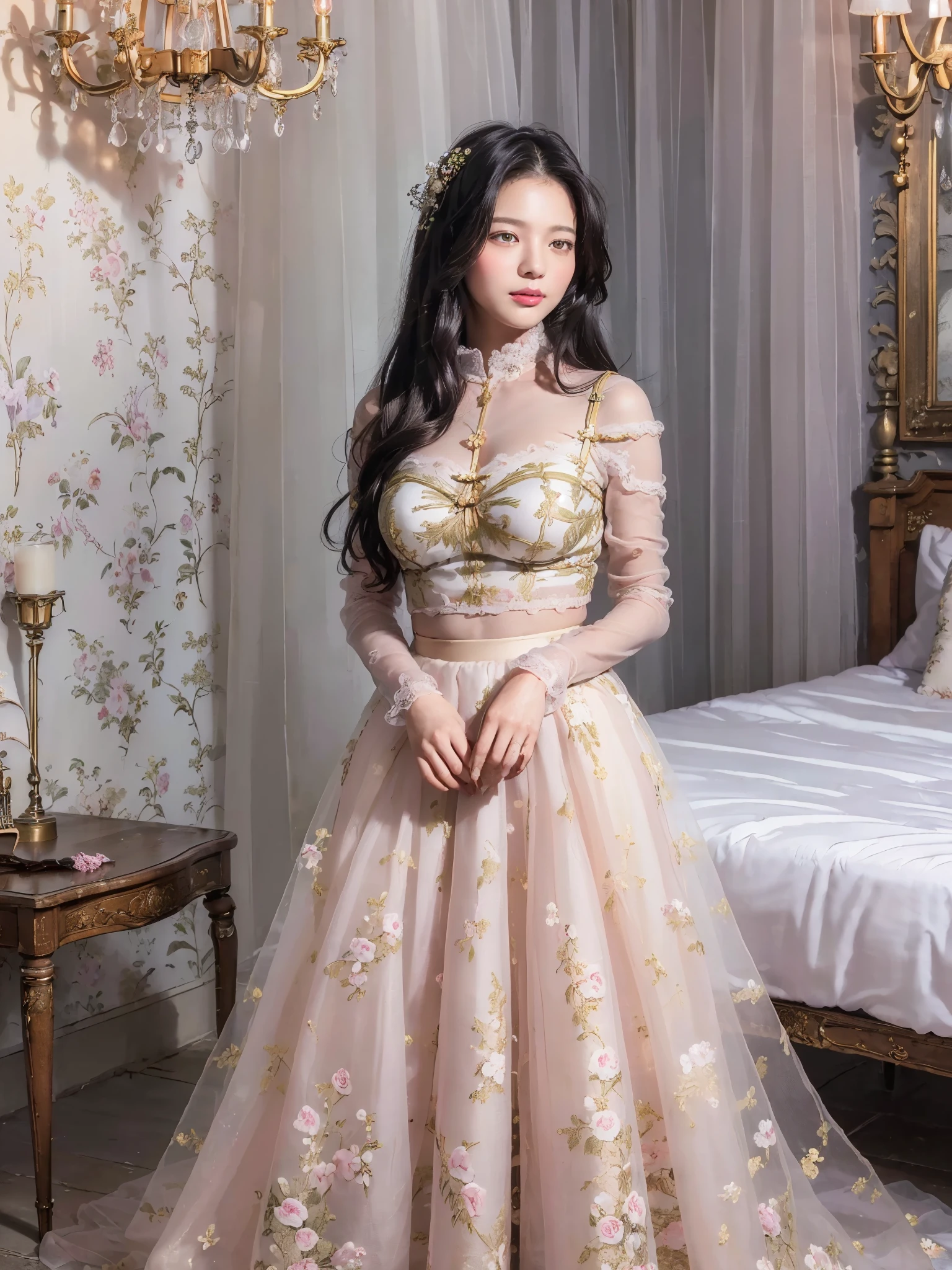 (((masterpiece))), (((highest quality: 1.4))), ((Very detailed: 1.4)) , ((Genuine:1.4)), One girl,(Bright lighting,Romantic atmosphere),Dreamy Background,,Black Hair, Enchanting, , Soft Skin, Enchantingな美しさ, Artistic portrait, High-quality images, Vibrant colors,Pink floral long sheer skirt, mosquito net, romantic bedroom, Side suspension,Solobound,