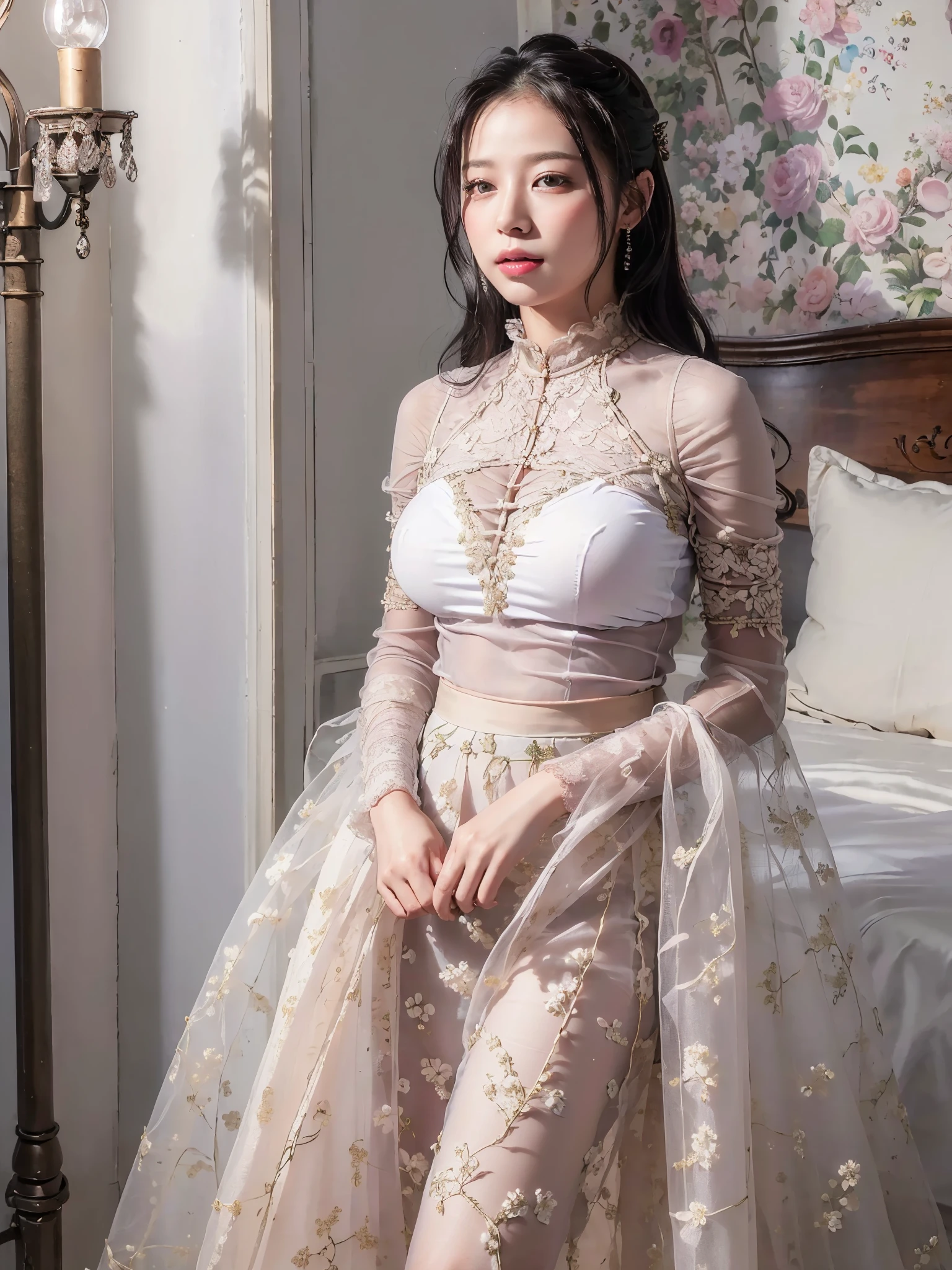 (((masterpiece))), (((highest quality: 1.4))), ((Very detailed: 1.4)) , ((Genuine:1.4)), One girl,(Bright lighting,Romantic atmosphere),Dreamy Background,,Black Hair, Enchanting, , Soft Skin, Enchantingな美しさ, Artistic portrait, High-quality images, Vibrant colors,Pink floral long sheer skirt, mosquito net, romantic bedroom, Side suspension,Solobound,