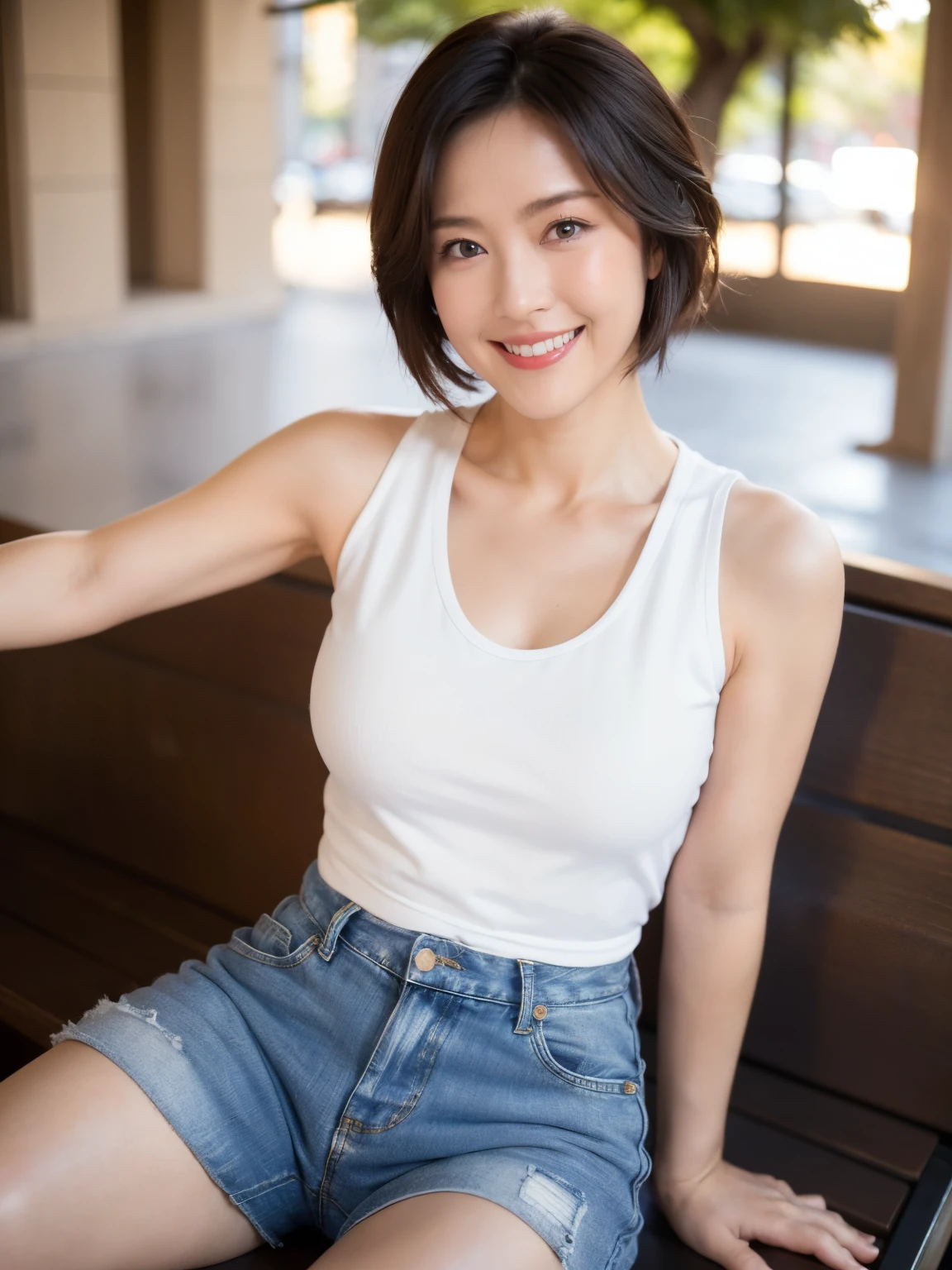 最high quality, In 8K, Masseter region, Vibrant, Sharp focus, high quality, High resolution, Detailed face, fine grain, Red lips, (Observe the audience), alone, Beautiful woman, 38 years old, (Very short black hair:1.3)、(Bob Hair)、(Standard body shape)、(D cup breasts)、 Cleavage, , afternoon、(Germany、Berlin、The square in front of the church:1.5),(Sit on a bench:1.5)、((Snug-fitting white tank top:1.6))、(Blue Jeans:1.6)、(Black pumps:1.5)、(smile:1.3)、