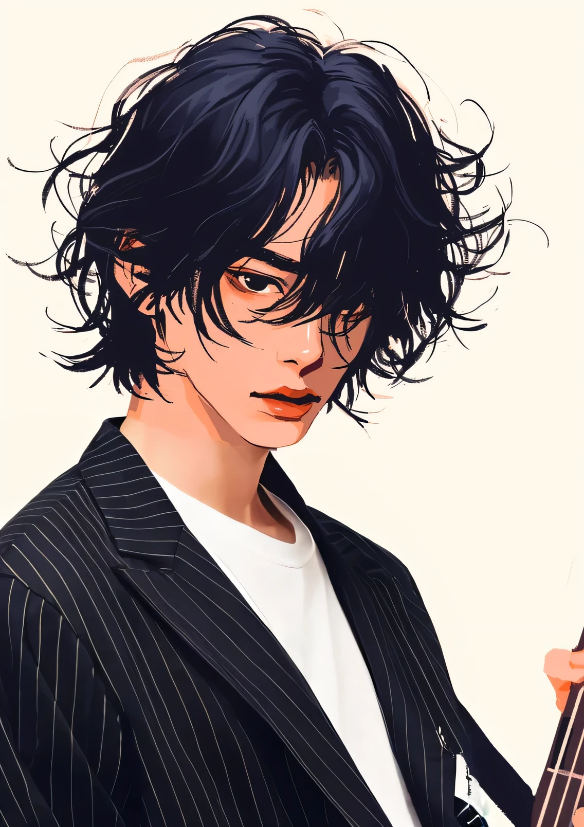 He is wearing a black striped jacket,Simple outfit,The shirt underneath is also black