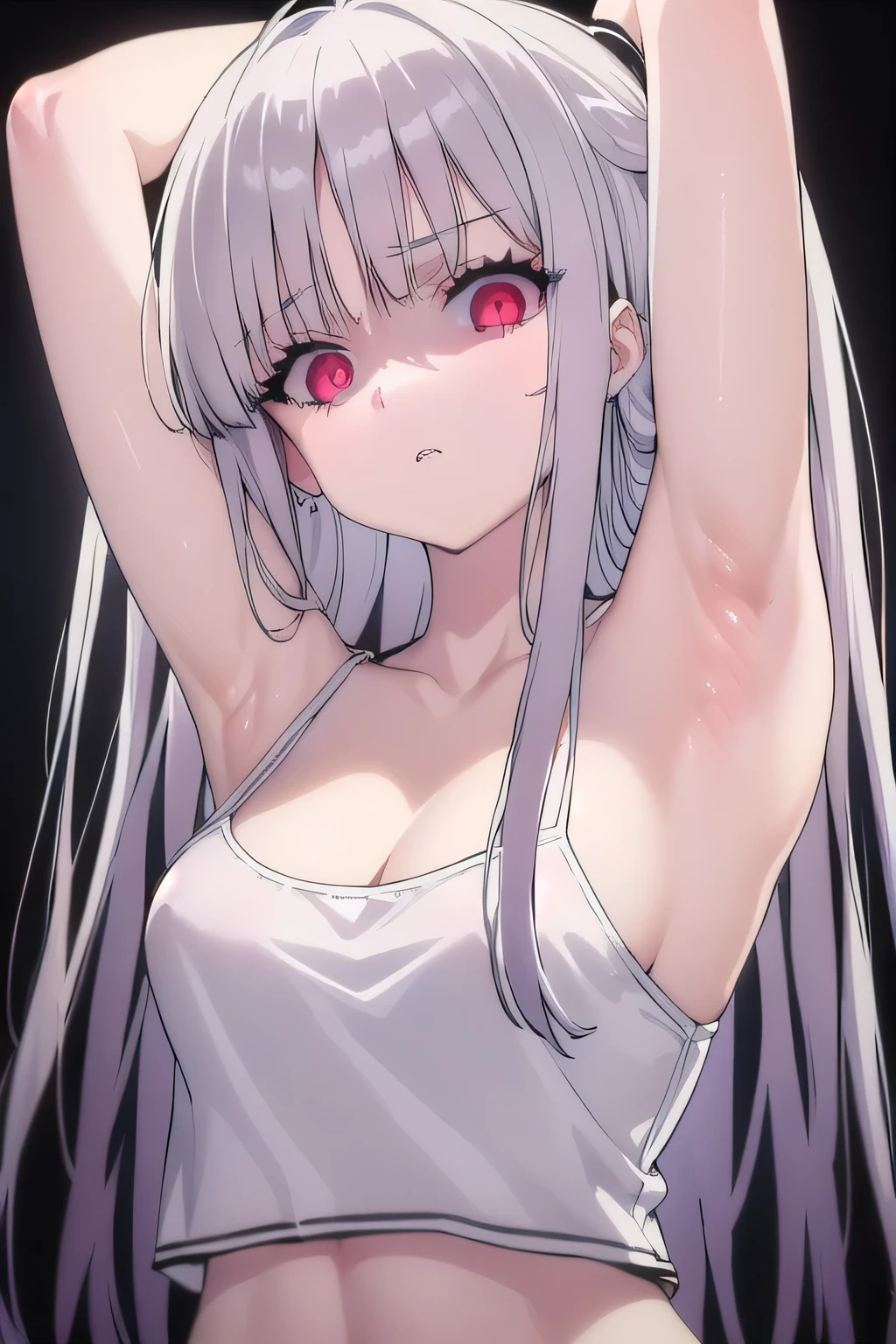 masterpiece, best quality, ultra-high-detailed, Disgusted face, white hair, red eyes, sigtuna julie , small breast, looking to viewer, deep eyes, glare eyes, croptop, camisole, bare shoulder, focus to face, black background, upper body , cleavage, sweated a lot, Arms up, right arm behind head, armpit crease, pits, armpit wet, wider armpit, hot armpit,