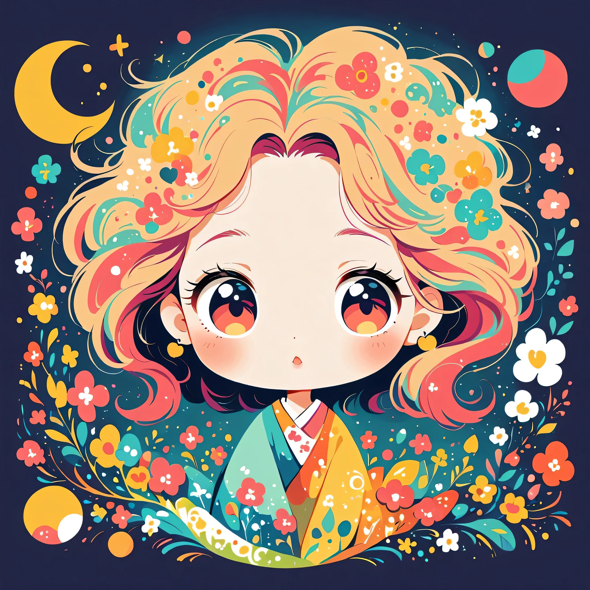 Hayao Miyazaki Style、The most beautiful girl of all time、Lips in Love、Colorful flowers、Simple line initials、Abstract art、Moon Background, (((chibi))),