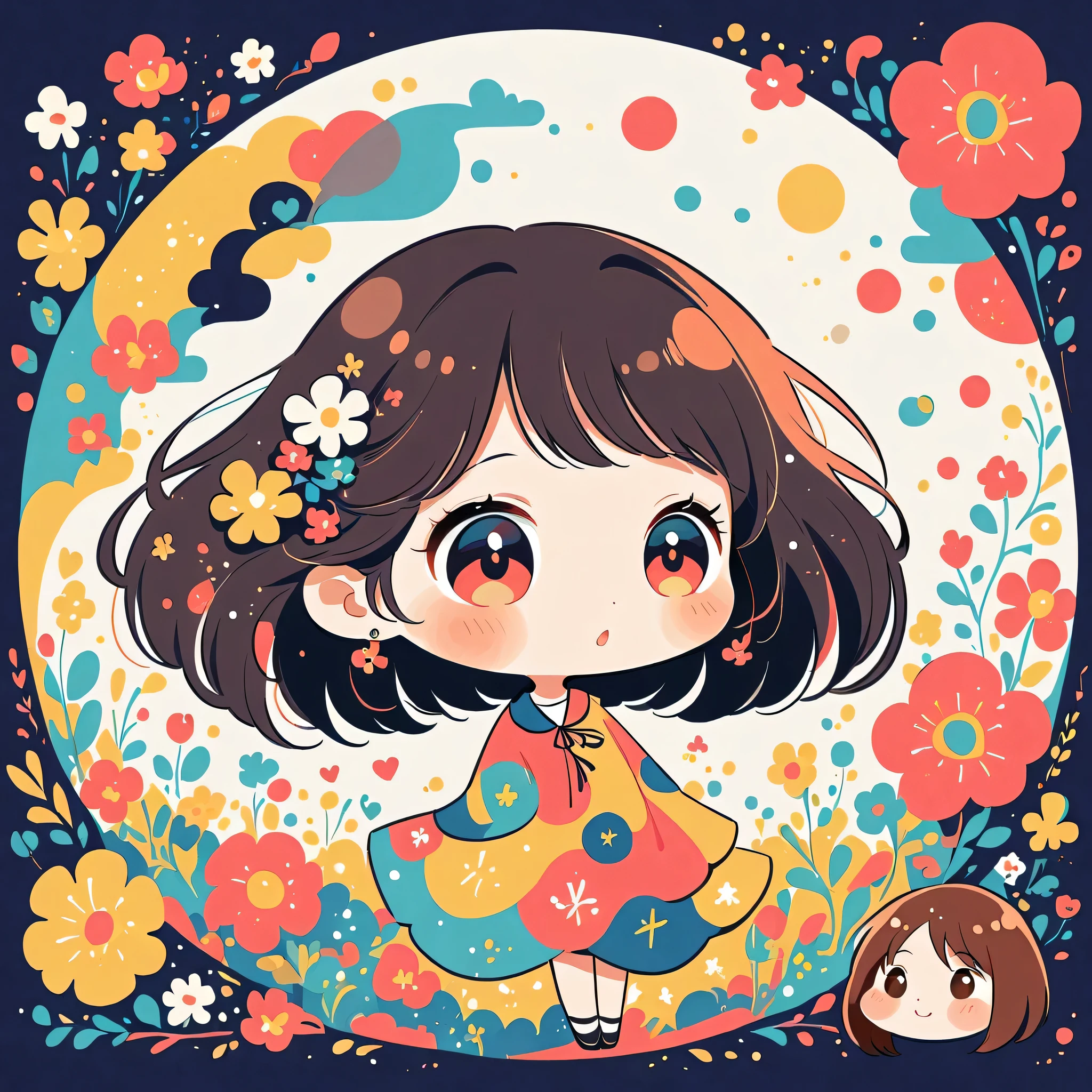 Hayao Miyazaki Style、The most beautiful girl of all time、Lips in Love、Colorful flowers、Simple line initials、Abstract art、Moon Background, (((chibi))),