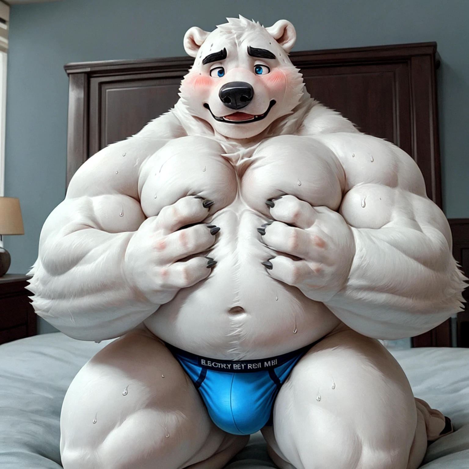 New Jersey 5 Furry，Polar Bear，((put your hands on the chest，Squeeze your chest with both hands))，(Chest close-up)，Topless，solitary，Chubby，fat，Thick arms，Strong muscles，Topless，White plush fur，Chubby脸，Black eyebrows，Sky blue eyes，beard，Crotch bulge，blush，kneel，For the audience，（kneel，bedroom，Bed，Topless，briefs，Squeeze your chest with both hands），（blush），excited，（Sweat，SFW），bedroom，Bed