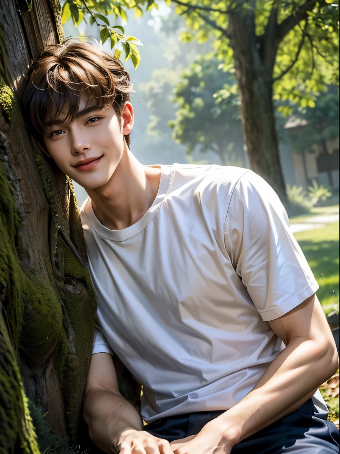 Handsome 22 year old male. Short golden hair. His style is fantasy and realism. The goal was to create a realistic and beautiful image that would make the viewer happy, as if they were in love with the expressions on the men's faces. The men have hairstyles with bangs and no body hair except head hair. Masterpiece, top quality, super high resolution, (realistic: 1.6) Main character enjoying a picnic. Background of very large trees. He is looking at us. He is smiling happily. Casual clothes. He looks in love with the viewer.