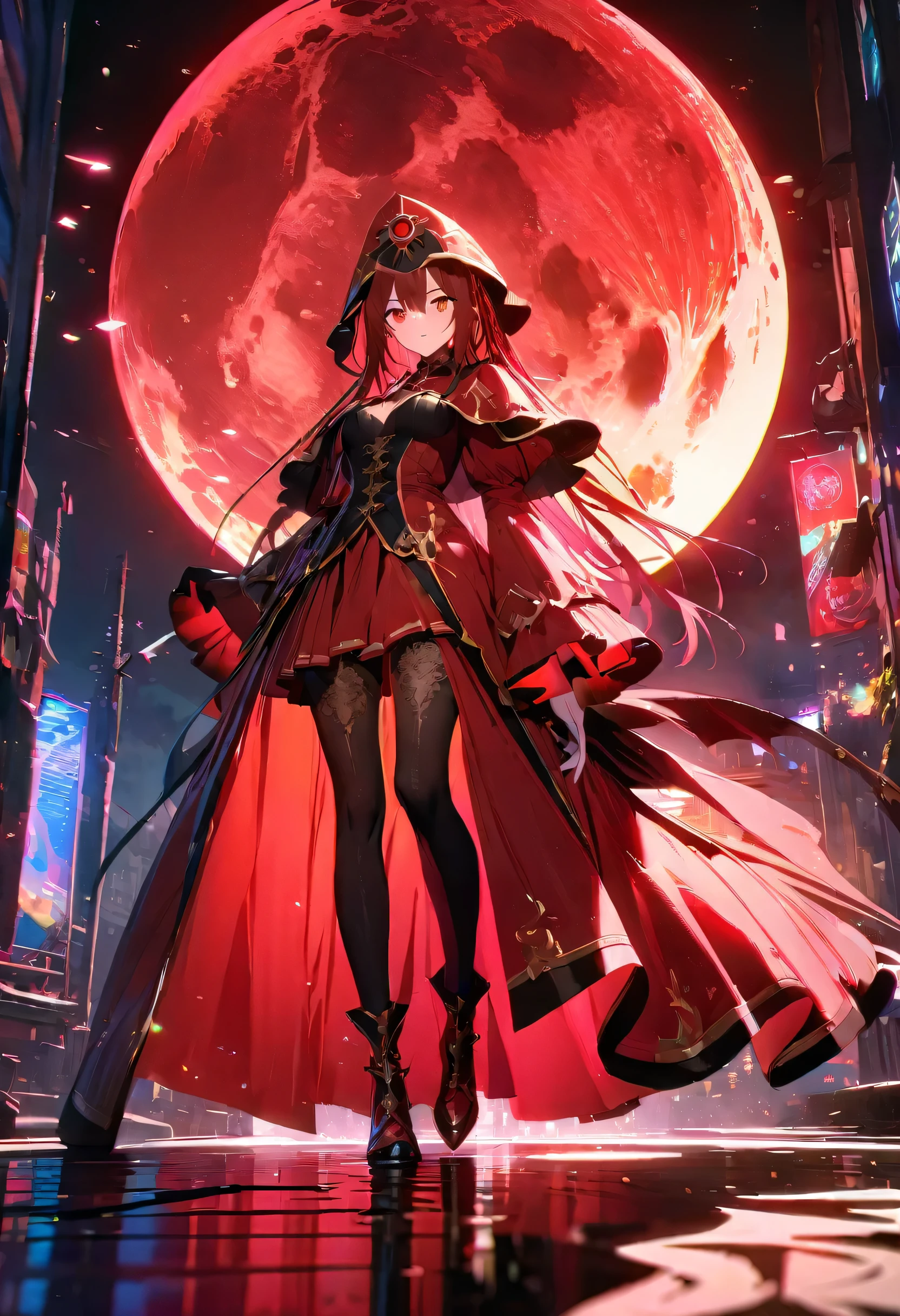 Red Necromancer, Blood Moon, Ray Tracing, masterpiece, highest quality, super high quality, Absurd detailed, best Light, Best Shadow, sharp, sharp image, detailed, extremely detailed, Amazing resolution, 8k, 4K, Ultra-high resolution, Particle Effects, Beautiful Effects, Vibrant colors, neon Light, neon, Light,