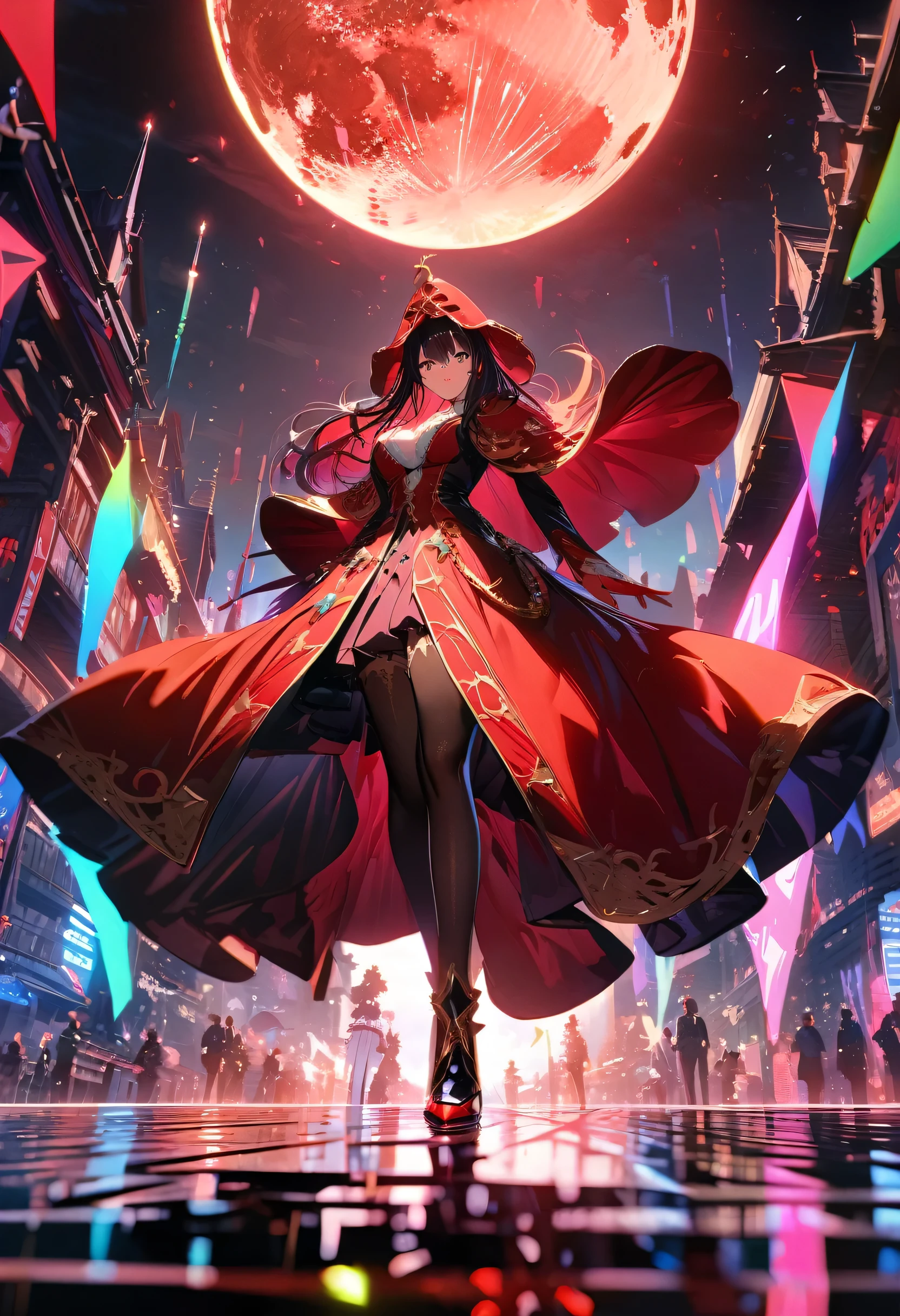 Red Necromancer, Blood Moon, Ray Tracing, masterpiece, highest quality, super high quality, Absurd detailed, best Light, Best Shadow, sharp, sharp image, detailed, extremely detailed, Amazing resolution, 8k, 4K, Ultra-high resolution, Particle Effects, Beautiful Effects, Vibrant colors, neon Light, neon, Light,