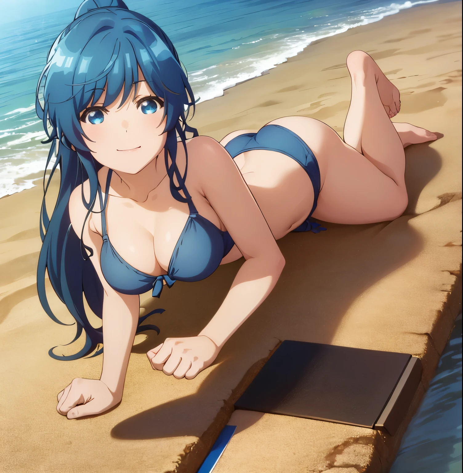 1girl,alone,minami,nanami,best quality,(masterpiece:1.2),detailed,smile,closed mouth, blue hair, blue eyes, long hair, ponytail, blue bikini, blue bra, blue thong, big breasts, medium waist, wide hips, medium thighs, beach, sea, sunny, good lighting, standing in the sand, seductive, smiling, mouth closed, looking at viewer, head on, pov (from below), good lighting, perfect anatomy, perfect hands,