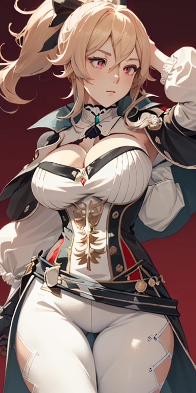 1 Girl, Solitary, Jean Dev, Large Breasts(((Large Breasts)))Breast sagging、Low-cut(((Cleavage )))、(((Wide hips,)))(((Hourglass figure)))((Long legs)) , thigh, crotch, permanent, (glowing red eyes), (view from below), Red background