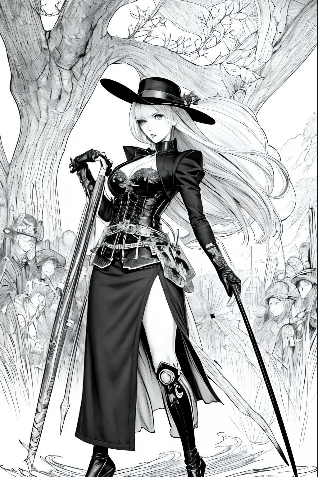 A painting of a costumed woman holding a hat and a walking stick, Manga drawn by Junpei Sato, Pixiv, Gothic art, pencil and Ink Manga, Beautiful line art, Pencil and ink cartoon, Shirow Masamuneスタイル, Shirow Masamune, Ink Manga, Very detailed fan art, Complex manga drawing
