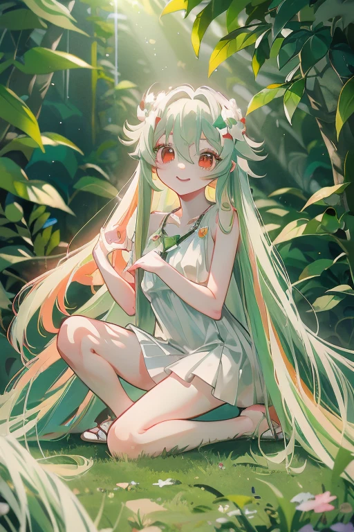 masterpiece, key anime visual, HDR, best quality, hi-res, (1 anime girl with red eyes and white skin), adolescent, (((light green hair))), (((straight hair that goes to her knees))), wearing a plain white sleeveless mini dress, wearing tan sandals with no socks, (((small breast))), in a garden, happy face, cute, looking up at camera, body angled, kneeling, bangs part left, left part, asymmetrical bang, wavy hair on both sides of her face that goes to her elbows, 1 single silver heart necklace on thin silver chain, 