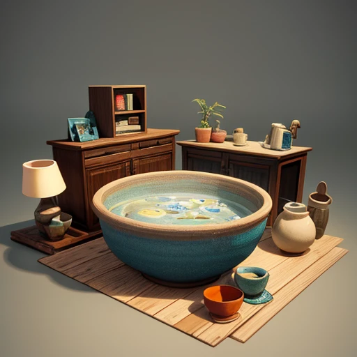 Place all surrounding cabinets with artifacts, earthenware pot, Pottery bowl, Flowwood, Deep sea divers transporting artifacts upstream, Cute Digital Painting, Cartoon characters, Cute 3D rendering, Clay character, Clay animation, Cute and detailed digital art, 3D Characters