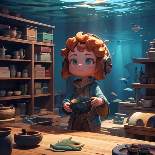 Place all surrounding cabinets with artifacts, earthenware pot, Pottery bowl, Flowwood, Deep sea divers transporting artifacts upstream, Cute Digital Painting, Cartoon characters, Cute 3D rendering, Clay character, Clay animation, Cute and detailed digital art, 3D Characters  