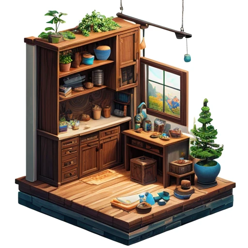 Place all surrounding cabinets with artifacts, earthenware pot, Pottery bowl, Flowwood, Deep sea divers transporting artifacts upstream, Cute Digital Painting, Cartoon characters, Cute 3D rendering, Clay character, Clay animation, Cute and detailed digital art, 3D Characters