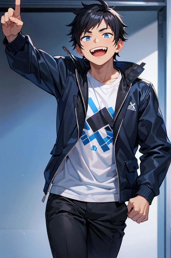 1 boy, black hair, blue eyes, wearing a black and blue jacket, 219 centimeters tall, laughing out loud