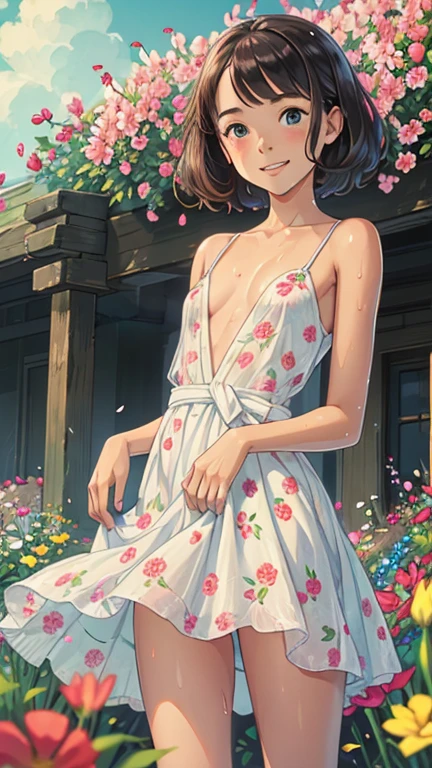 best quality,masterpiece,1girl,solo,(((NSFW))),(((9years old))),japanese girl,an extremely cute and beautiful girl,highly detailed beautiful face and eyes,petit,cute face,lovely face,baby face,shy smile,show teeth,black hair,medium short hair,Hairless pussy,flat chest,skinny,slender,(((wearing a wet transparent white floral mini summer dress))),(((standing in a flower garden))),she is looking at the viewer,hands lift up dress,(upskirt above the waist:1.1),(no panties:1.1),(legs spread wide:1.1),(no bra:1.1)