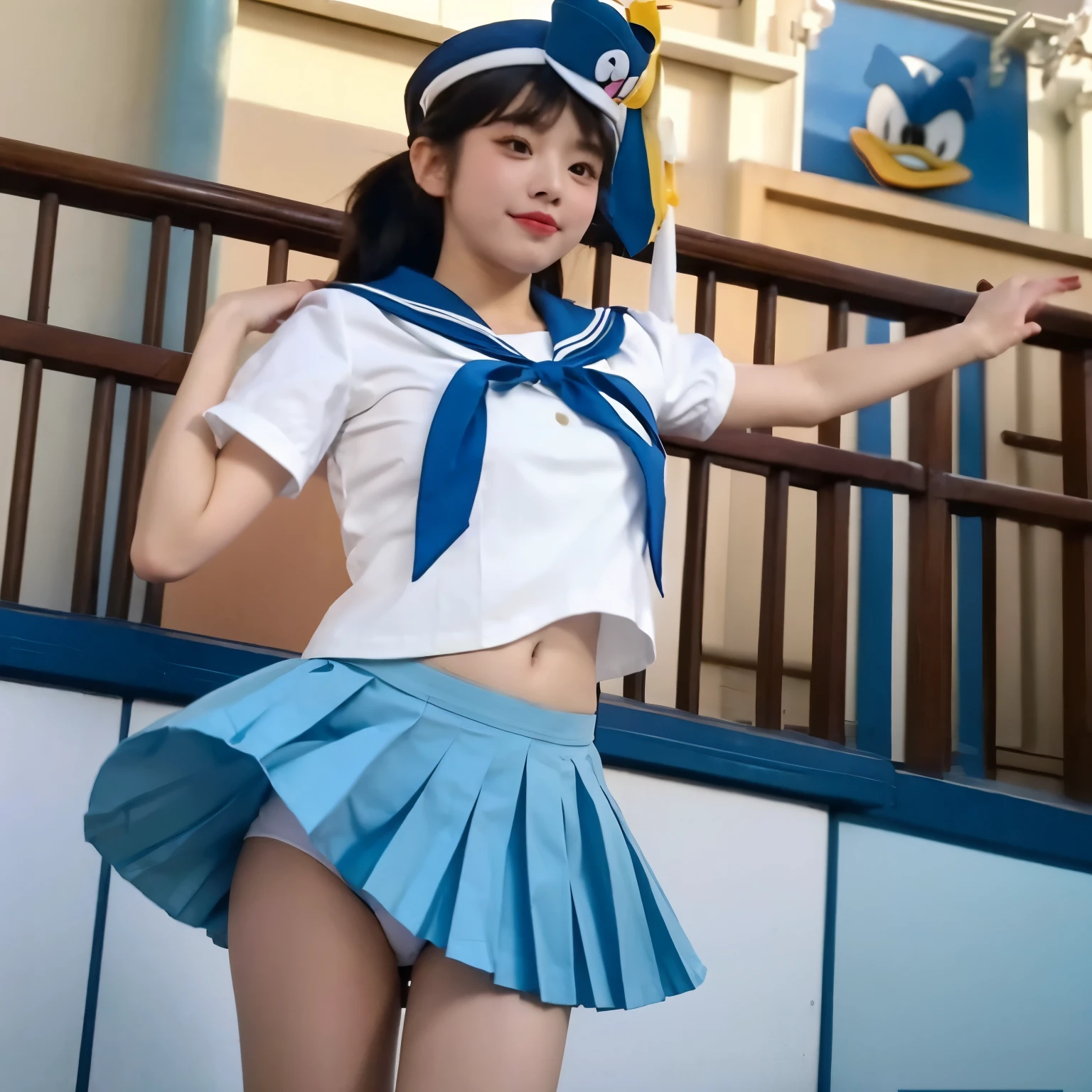 (tokyo disney resort dancer open thighs),make up,Donald Duck style hat,White and light blue horizontal striped panties,Blue Sailor Short Sleeve,White pleated skirt,Red ribbon tie,shoot from below,