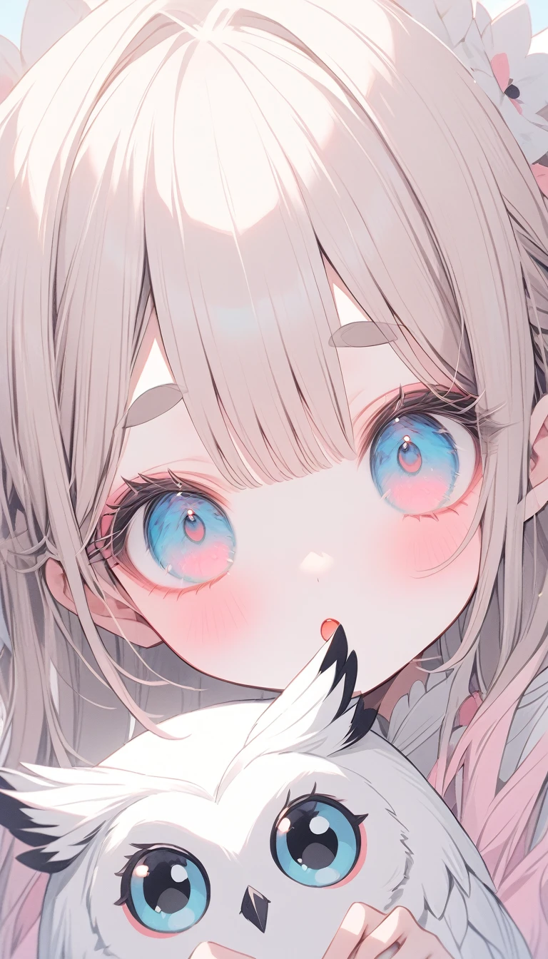 pastel colour, Low - Angle、Look at me as if peering into my eyes１girl、Holding a cartoon-style pure white owl、Open your mouth a little、Pink blush、Beautiful big eyes, Cute Makeup, （Eyelashes:1.2）delicate and long eyelashes, Thick eyebrows, Black straight hair