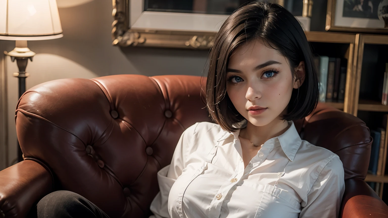 35mm film, solo, bob cut, makeup, blue eyes, small tits, (anime school uniform) (formal shirt), (skirt), in night (((in a armchair))) upper body, epiCPhoto,focus on face, close to viewer, intricate lines, intriguing atmosphere, sharp magnificent details, delicate features, elaborate details, beautiful girl, black hair, (short hair) twenty year old woman, ((upper body)) (Acne), ((interior lighting))