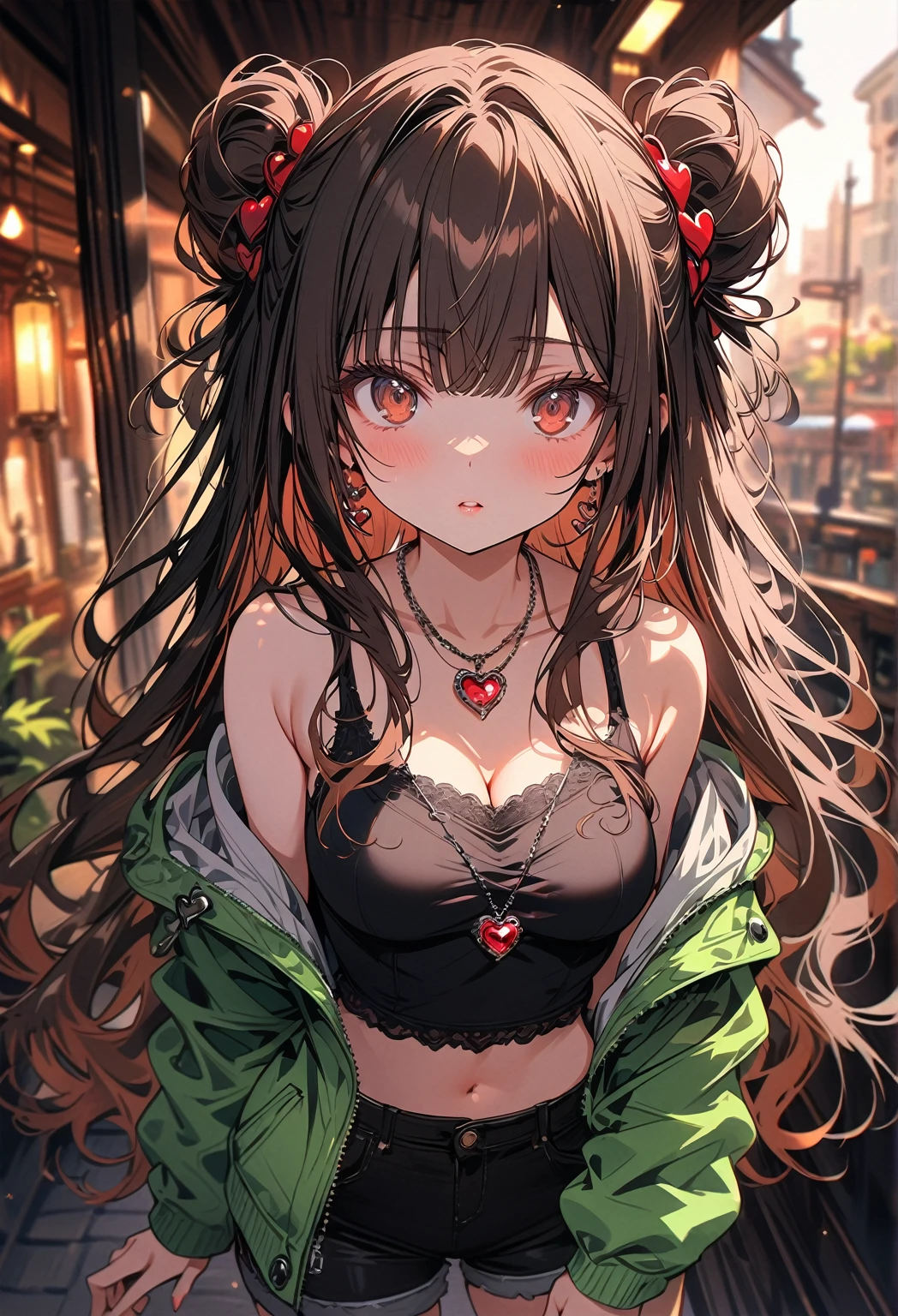 (best quality, top details, high quality, detailed, highest quality, 4k, 8k resolution, highres, ultra fine painting, masterpiece:1.2), digital art, 8k CG wallpaper, CG, detailed background, high resolution, epic lighting, RAW photo, POV shot, sharp focus, HDR, UHD, professional photography, good lighting, soft light, soft colors, looking at viewer, detailed lights and shadows, niji style, stylish, ultra, ultra-detailed, trending art, master crafted, blurry background, pose, top quality, details, solo, 1 girl, a nervous girl, (medium breasts:1.3), tight bust, flushtered, nice hips, nice body, casual, innocent face, cute, slim, nervous face, brown hair, long flowing hair, twin buns hairstyle, long bangs, (long hair), middle hair bangs, brown eyes, full body, ((tight black string tanktop:1.2), off shoulder green open hoodie, shorts, one big red gem heart necklace)