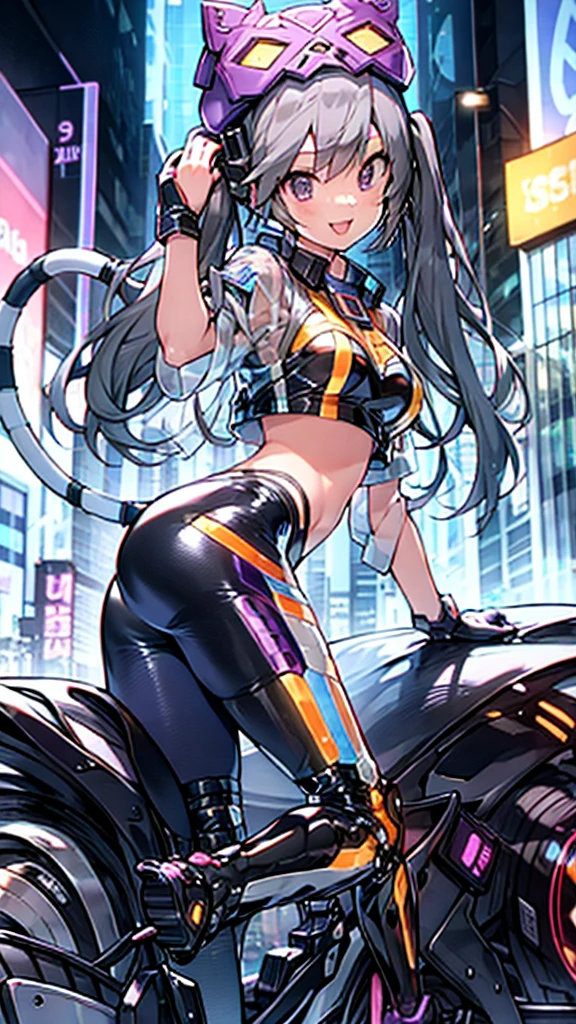 (masterpIece),(best qualIty),extreamly delIcate and beautIful,IllustratIon,((perfect female fIgure)),Mature Woman,1 rIder gIrl,I:P Mascarena, bodysuIt,black very long haIr,twIntaIls, Purple eyes, cyberpunk  cIty background,Cat ear helmet, rIdIng cyber motorcycle,cat taIl,Open your mouth,lIght smIle,