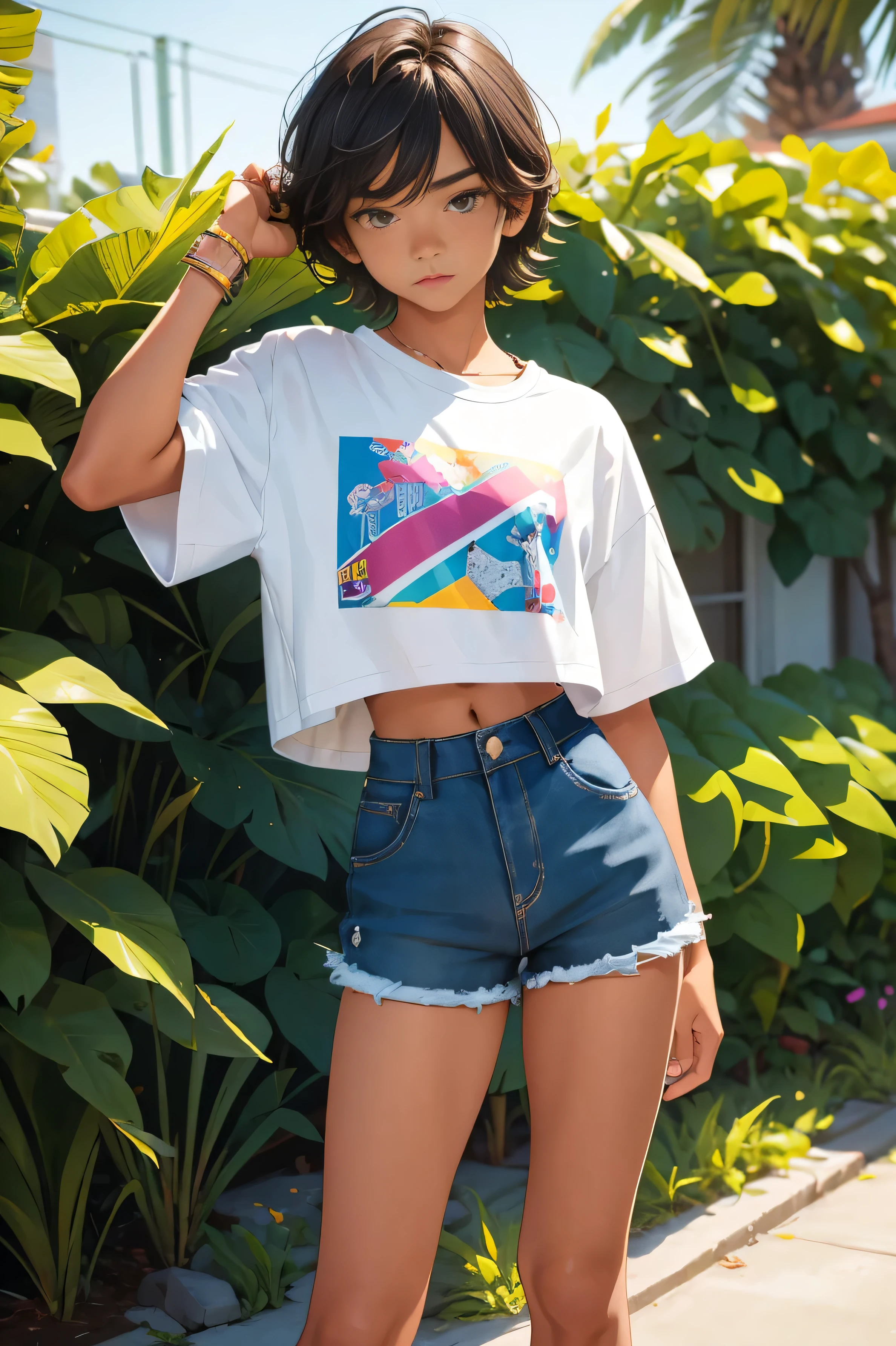 Teen boy 16 years old, beautiful teen boy is wearing a cropped shirt and too very much short mini shorts, the boy's legs are beautiful, tanned, bangs, flirty posing, hot summer, top quality,