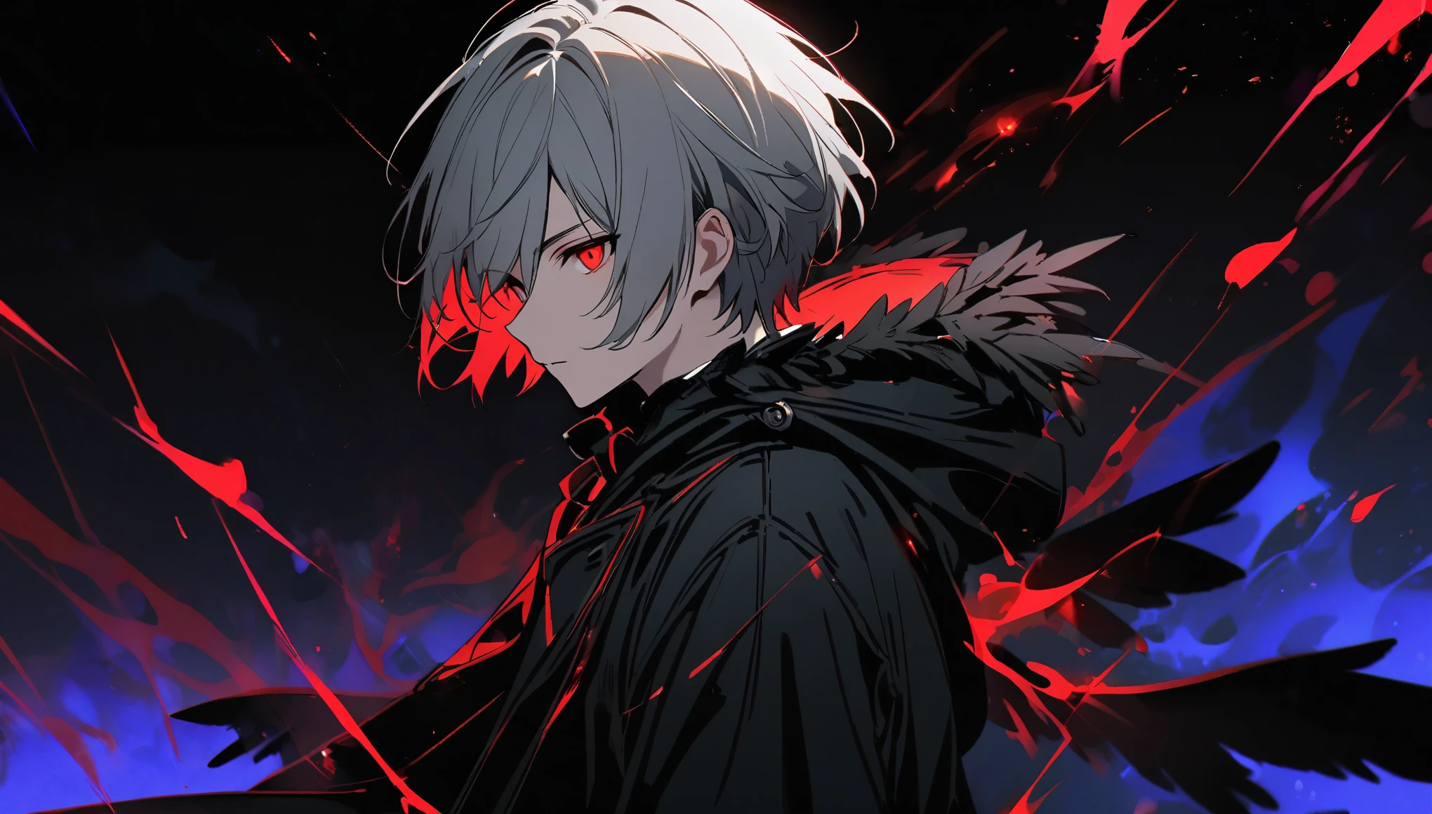 alone, good looking, 1 male, Black coat, short hair, Gray Hair, Red eyes, Black light, Black wings