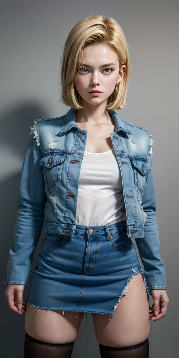 Highly detailed and ultra-realistic 8K rendering of Android 18 from Dragon Ball. Medium shot photo, short blue denim jacket: 1.3, long sleeves with white stripes: 1.3, black eyeshadow, blue eyes: 1.3, short blonde hair, (asymmetrical parting: 1.1), looking at the viewer, long earrings, jean skirt, black pantyhose, fighting stance, simple background, best quality, masterpiece, ultra-high resolution, realistic, RAW photo,Girl、young、Blue shining eyes、Her breasts are exposed through torn clothing
