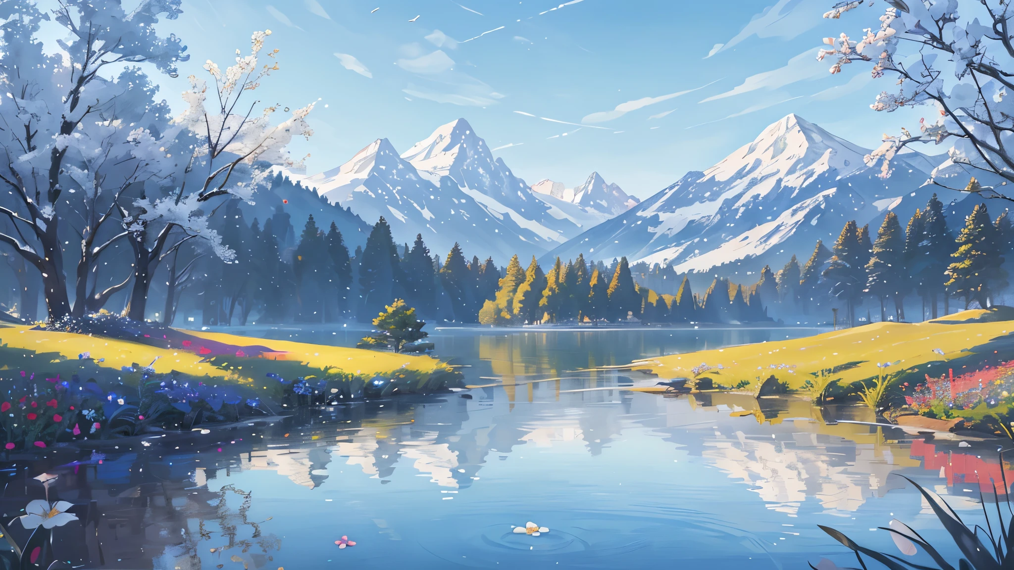 summer:1.3, grassland, A few small flowers, Clear lake, Blue sky, HD details, Wet watermark, Ultra Detail, Movie, Soft Light, Deep field focus bokeh, The vista is snow-capped mountains:0.9, and Surrealism. --v6, Surrealism, Ray tracing