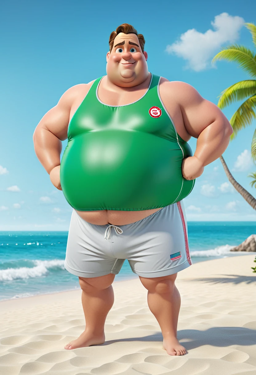 Only plump chubby extremely thick thighs large belly fat he is a lifeguard and he is wearing only white or green or gray swimming trunks full body photography , foto3D estilizado, Arnold Maya render