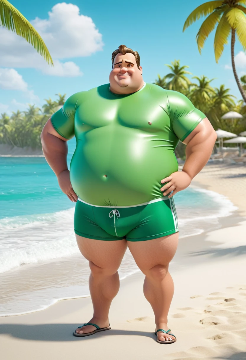 Only plump chubby extremely thick thighs large belly fat he is a lifeguard and he is wearing only white or green or gray swimming trunks full body photography , foto3D estilizado, Arnold Maya render