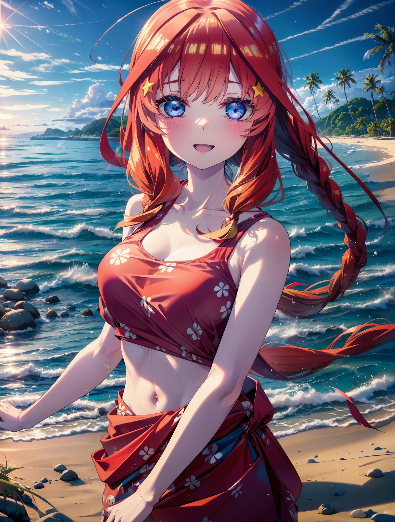 itsukinakano, Itsuki Nakano, bangs, blue eyes, Hair between the eyes, Ahoge, Redhead, star \(symbol\), hair ornaments, star hair ornaments,Big Breasts,Long braids,happy smile, smile, Open your mouth,belly button,Red Bikini Swimsuit,barefoot,A long, bright red blanket is wrapped around his waist..,(Beach salon), Big Breasts,((salon)), Beach outfit,Real Summer,Palm tree,whole bodyがイラストに入るように,
break outdoors, Beach,
break looking at viewer, whole body,
break (masterpiece:1.2), highest quality, High resolution, unity 8k wallpaper, (shape:0.8), (Beautiful and beautiful eyes:1.6), Highly detailed face, Perfect lighting, Extremely detailed CG, (Perfect hands, Perfect Anatomy),