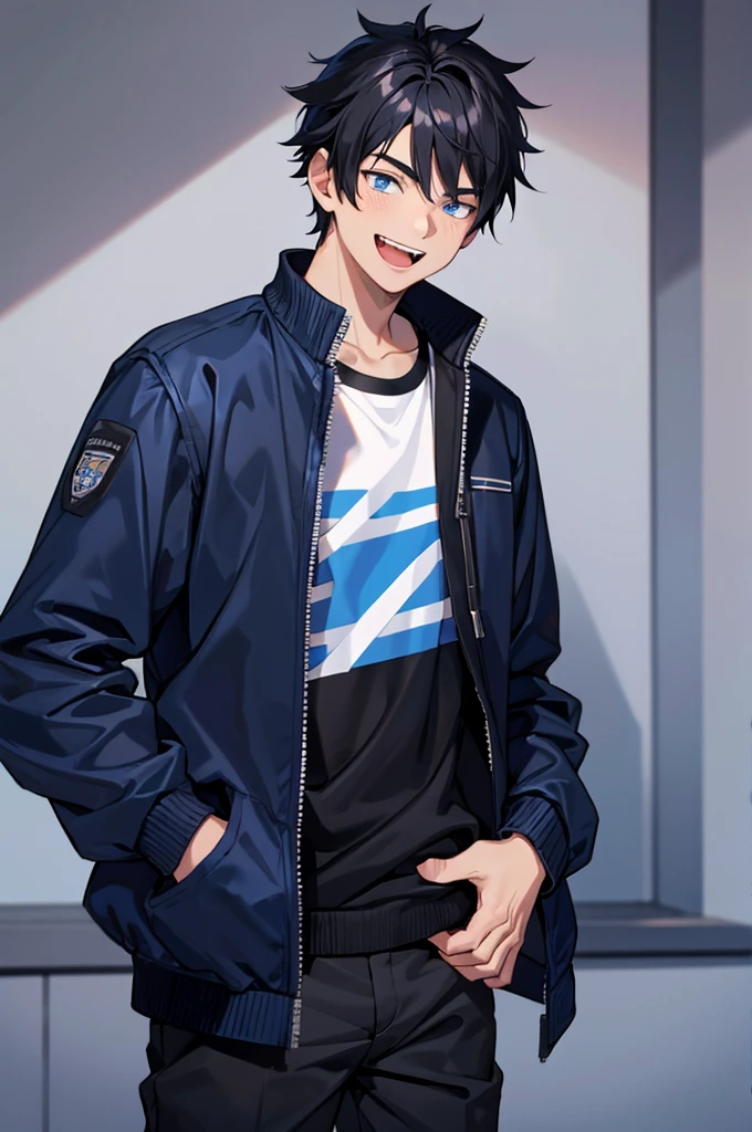 1 boy, 19 years old, black hair, blue eyes, wearing a black and blue jacket, 219 centimeters tall, laughing out loud