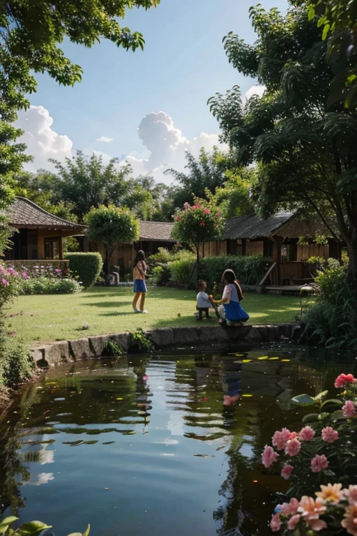 Paradise place with a lot of flowers and different kind of animals playing with children. The people are happy planting and picking fruits. That sounds like a wonderful and serene setting, filled with beauty and harmony. It paints a picture of a tranquil paradise where nature and humanity coexist in perfect harmony. It truly sounds like a delightful place to be in.