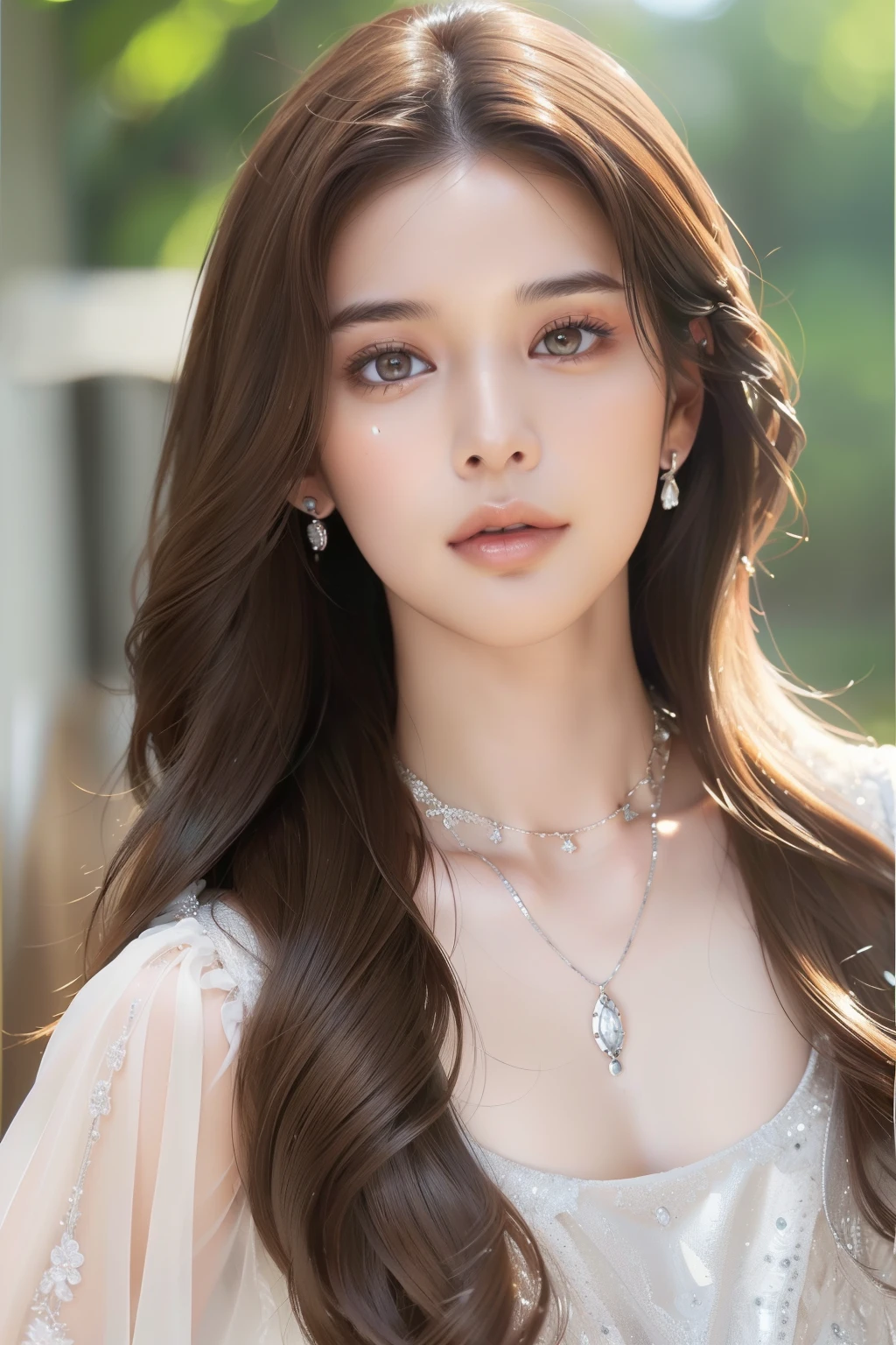 ((1 woman:1.3)),light brown fringed hair、disheveled hair、light brown eyes、(Solemn expression)、((fashion magazine clothing))、(big bust:1.4)、highlight the valley、(realism)、(intricate details:1.2)、(masterpiece、:1.3)、(top quality:1.4)、(ultra high resolution:1.2)、ultra high resolution、(delicate eyes)、(detailed facial features)、((Silver Necklace))、Posing like a fashion model