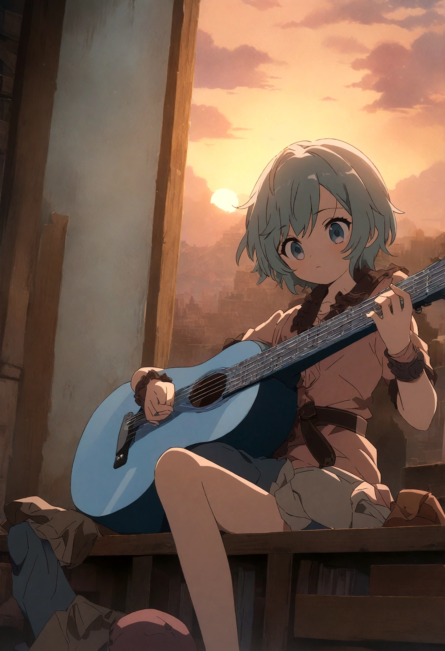 Anime boy sitting on the shelf and playing guitar at sunset, Anime Art Wallpapers 8K, anime art wallpaper 4k, anime art wallpaper 4k, Anime Style 4k, anime wallpaper 4k, anime wallpaper 4k, anime wallpaper 4k, Manga Wallpaper, 4K Wallpaper, Makoto Shinkai Cirilo Rolando, Girl playing guitar, Lo-fi Girl