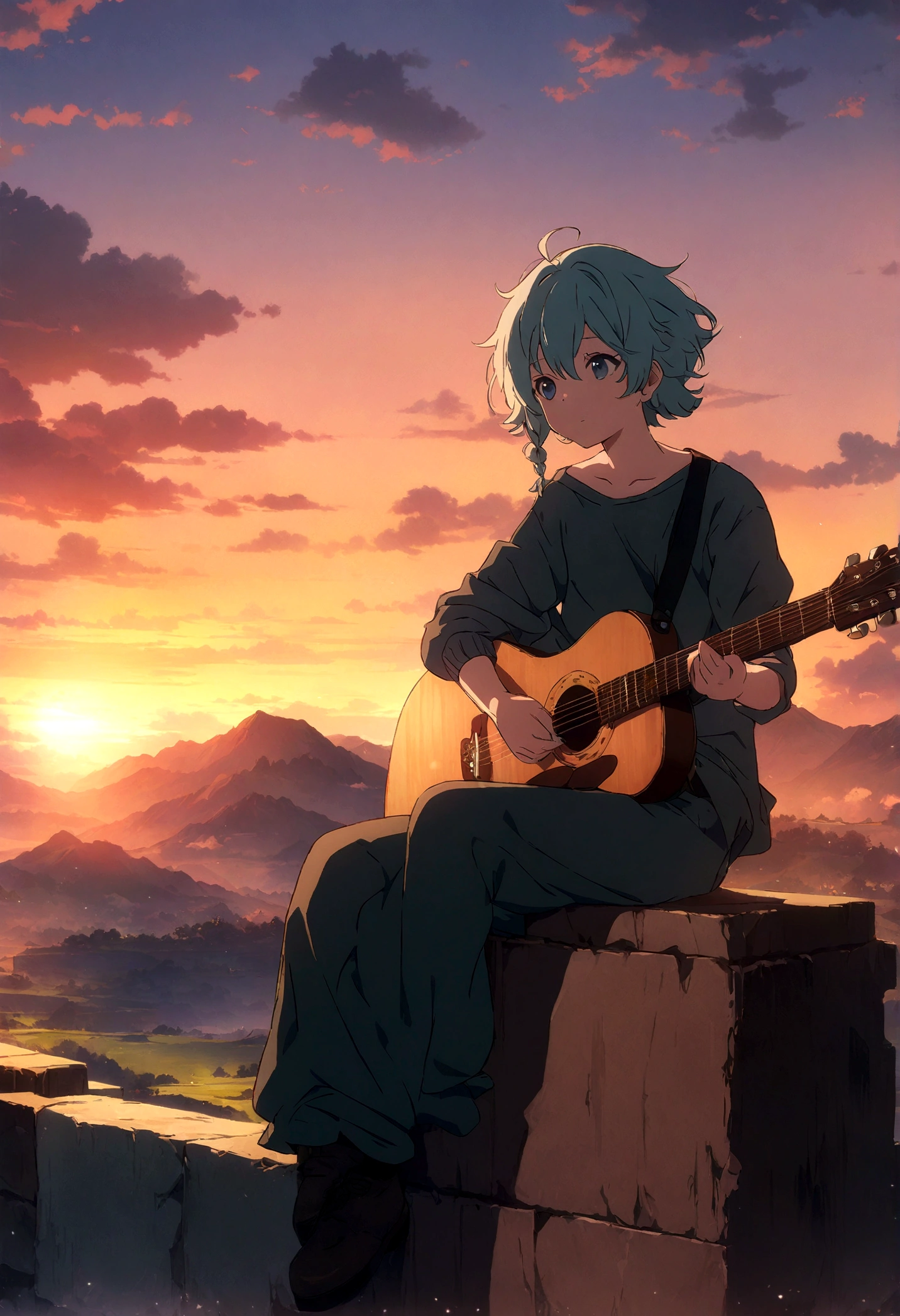 Anime boy sitting on the shelf and playing guitar at sunset, Anime Art Wallpapers 8K, anime art wallpaper 4k, anime art wallpaper 4k, Anime Style 4k, anime wallpaper 4k, anime wallpaper 4k, anime wallpaper 4k, Manga Wallpaper, 4K Wallpaper, Makoto Shinkai Cirilo Rolando, Girl playing guitar, Lo-fi Girl