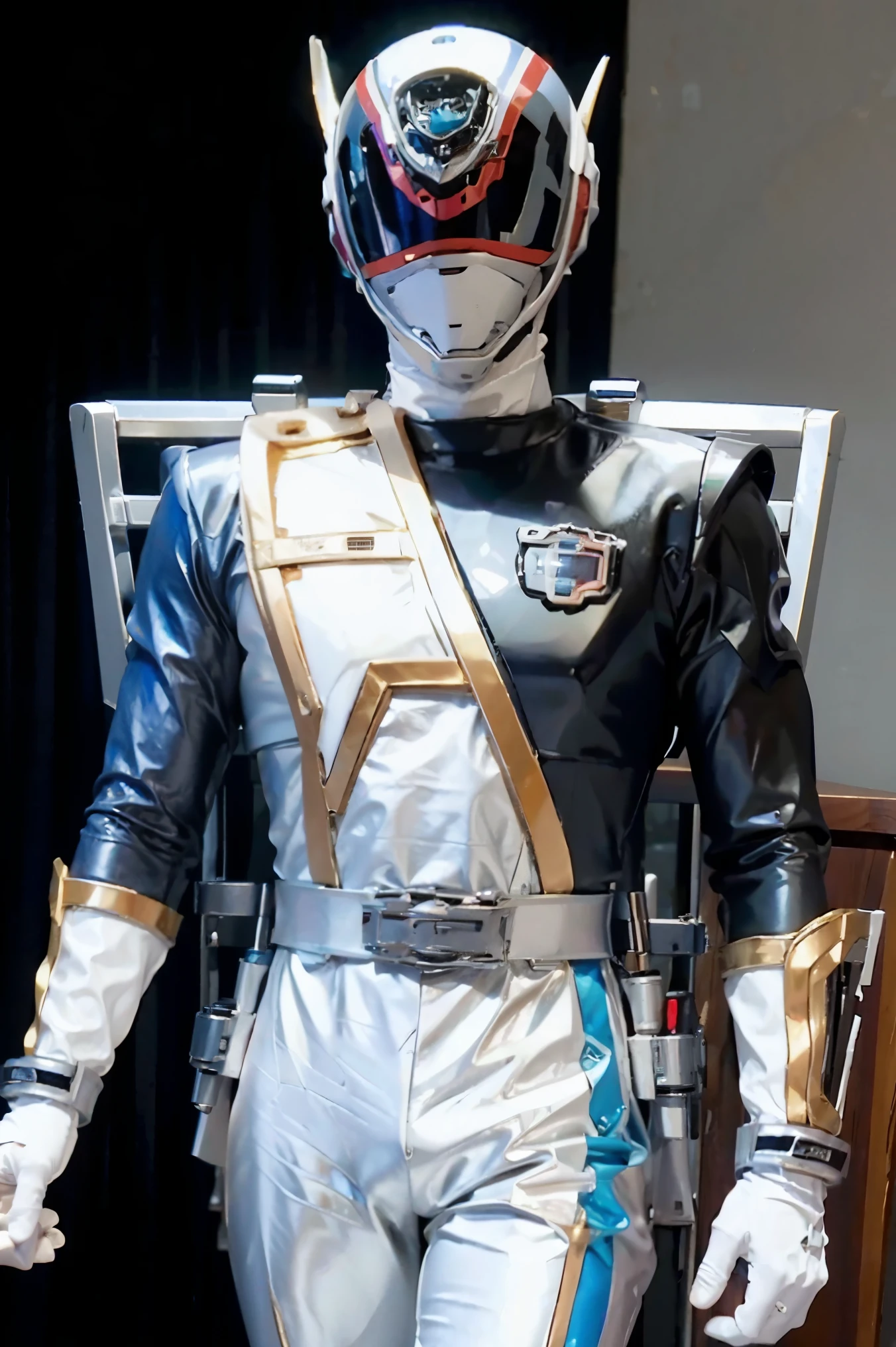 Fantasy background, cafe rpg style, empty chair, table, set of tea glass, (power rangers)), One guy、, ((white ranger suit)), red and blue chest armor with gold details,   costume, Solo, ((fit figure)), (Anatomically correct), Cowboy shot, masked face, guns, muscular build