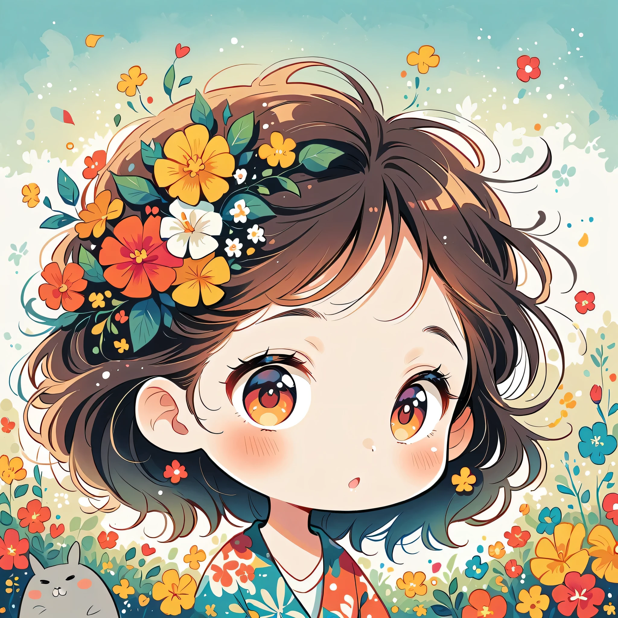 Mai Yoneyama Style、The most beautiful girl of all time、Lips in Love、Colorful flowers、Simple line initials、Abstract art、Hawaii Background, (((chibi))), Totoro Forest