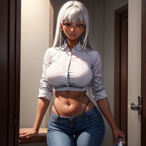 A silver-haired, dark-skinned woman in a black dress shirt and slim jeans is making massaman curry　Belly button showing