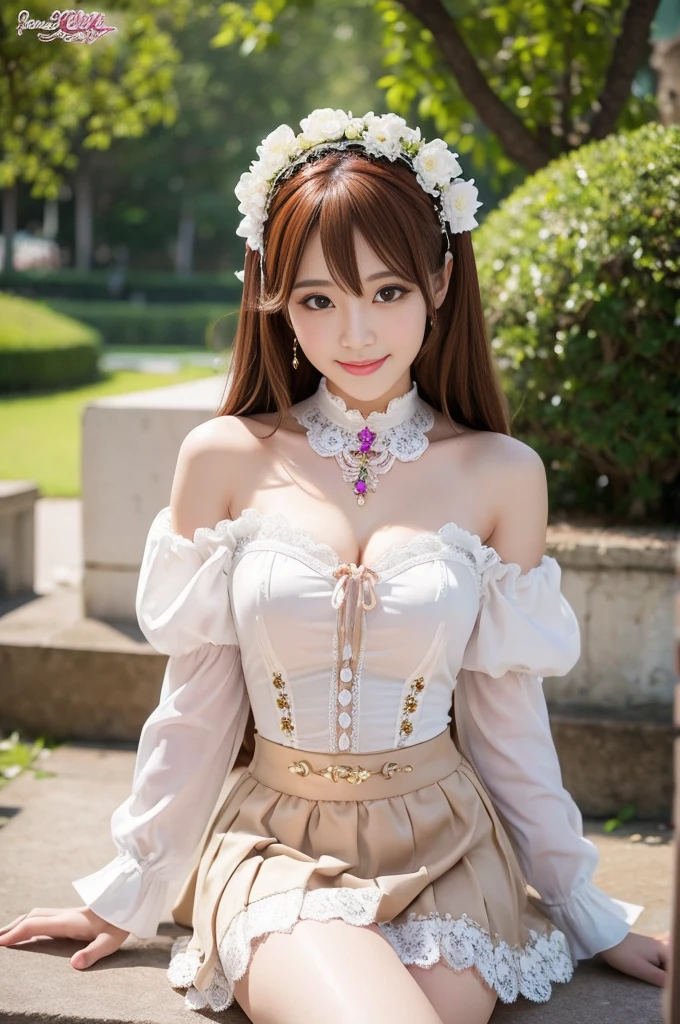 (nsfw), sexy stylish Thai model, only 1 female, ((doll-like appearance)), short Auburn stylish hair, ((shiny Victorian-Style boots)), (big smile), ultra detailed eyes, vivid eye makeup, lipgloss, long lashes, defined eyebrows, ((sexy Paradise Kiss cosplay)), bell-shaped skirt, petticoats, high neckline, puffed sleeves, ((ultra detailed lace)), ((ultra detailed embroidery)), intricate details, Paradise Kiss accessoires and matching headpiece, choker, ((large sparkling Paradise Kiss jewelry)), cinematic light, detailed large park background with trees