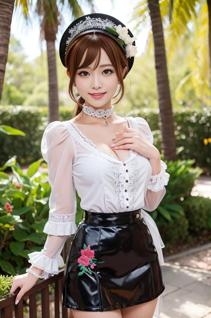 (nsfw), sexy stylish Thai model, only 1 female, ((doll-like appearance)), short Auburn stylish hair, ((shiny Victorian-Style boots)), (big smile), ultra detailed eyes, vivid eye makeup, lipgloss, long lashes, defined eyebrows, ((sexy Paradise Kiss cosplay)), bell-shaped skirt, petticoats, high neckline, puffed sleeves, ((ultra detailed lace)), ((ultra detailed embroidery)), intricate details, Paradise Kiss accessoires and matching headpiece, choker, ((large sparkling Paradise Kiss jewelry)), cinematic light, detailed large park background with trees