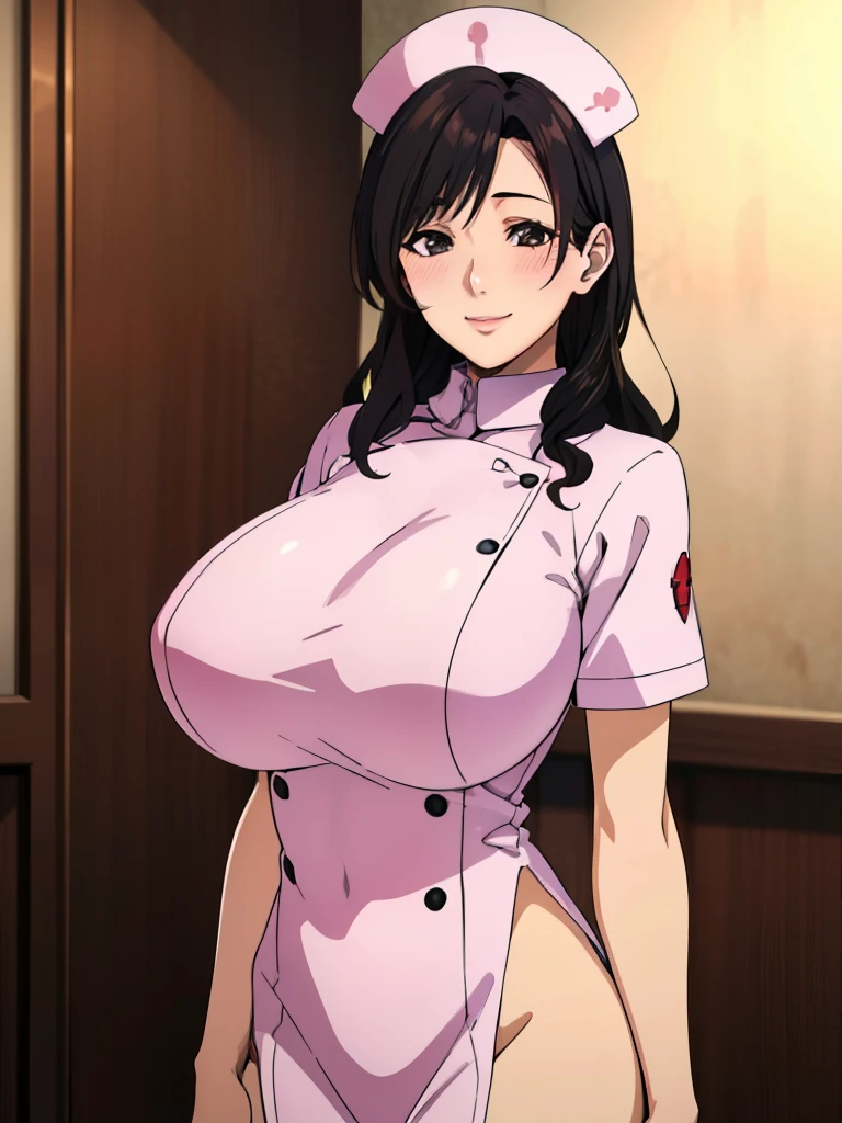 white nurse outfit, white nurse hat, nurse room background, sayuri, anime cels style, best quality, high resolution, 1girl, (huge breasts:1.2), beautiful face, black hair, wavy hair, long hair, black eyes, cowboy shot, smiling, blushing